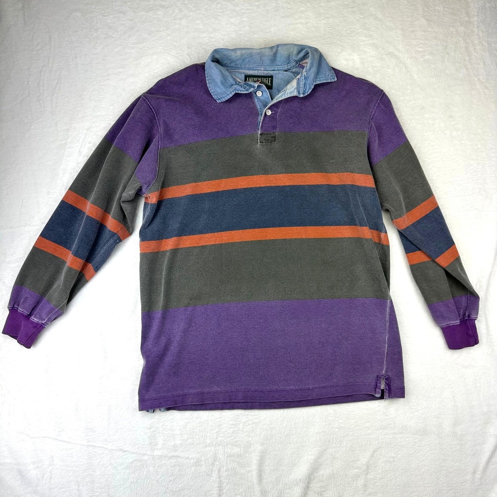 American Eagle Rugby Shirt Mens VTG‎ Relaxed M Purple Striped Long Sleeve Cotton